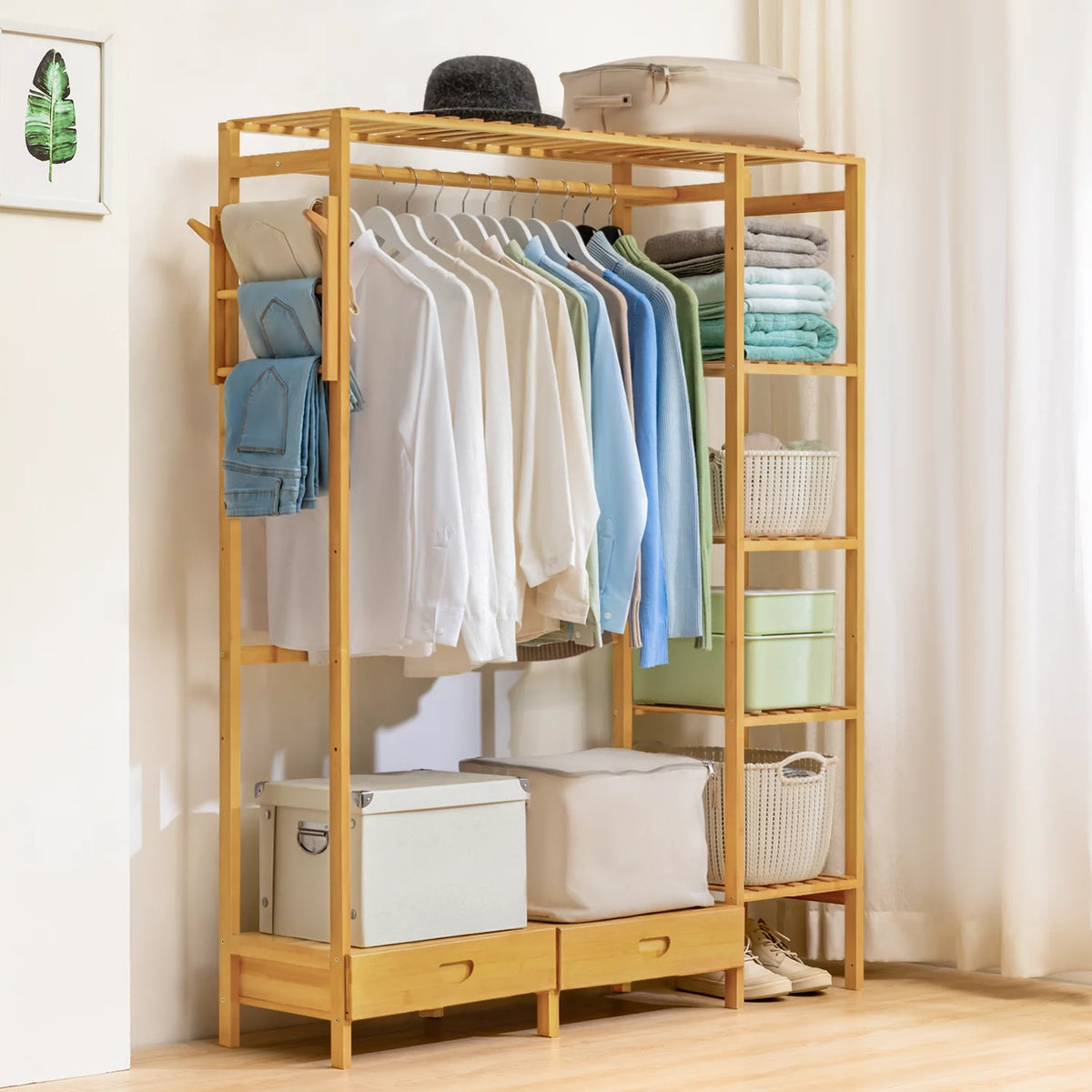 Bamboo 2 Drawers Coat Pants Rack Wardrobe B938413