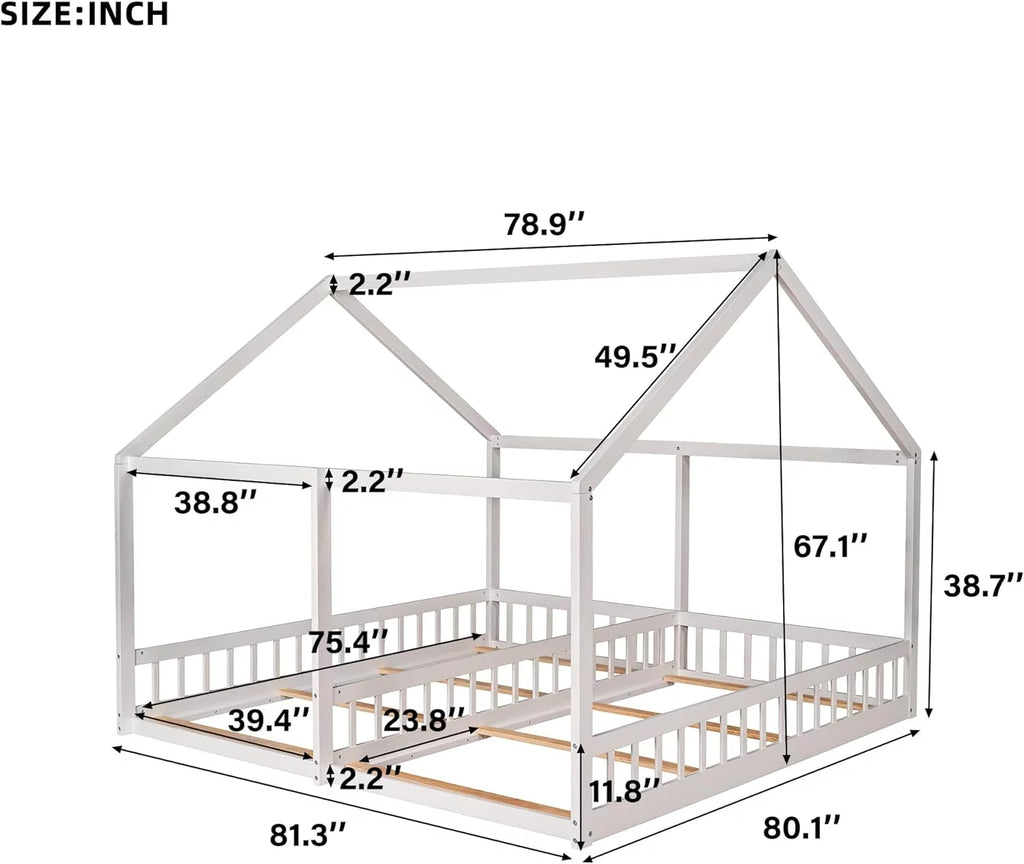 White Solid Wood Floor Bed with Rails and Roof G1304