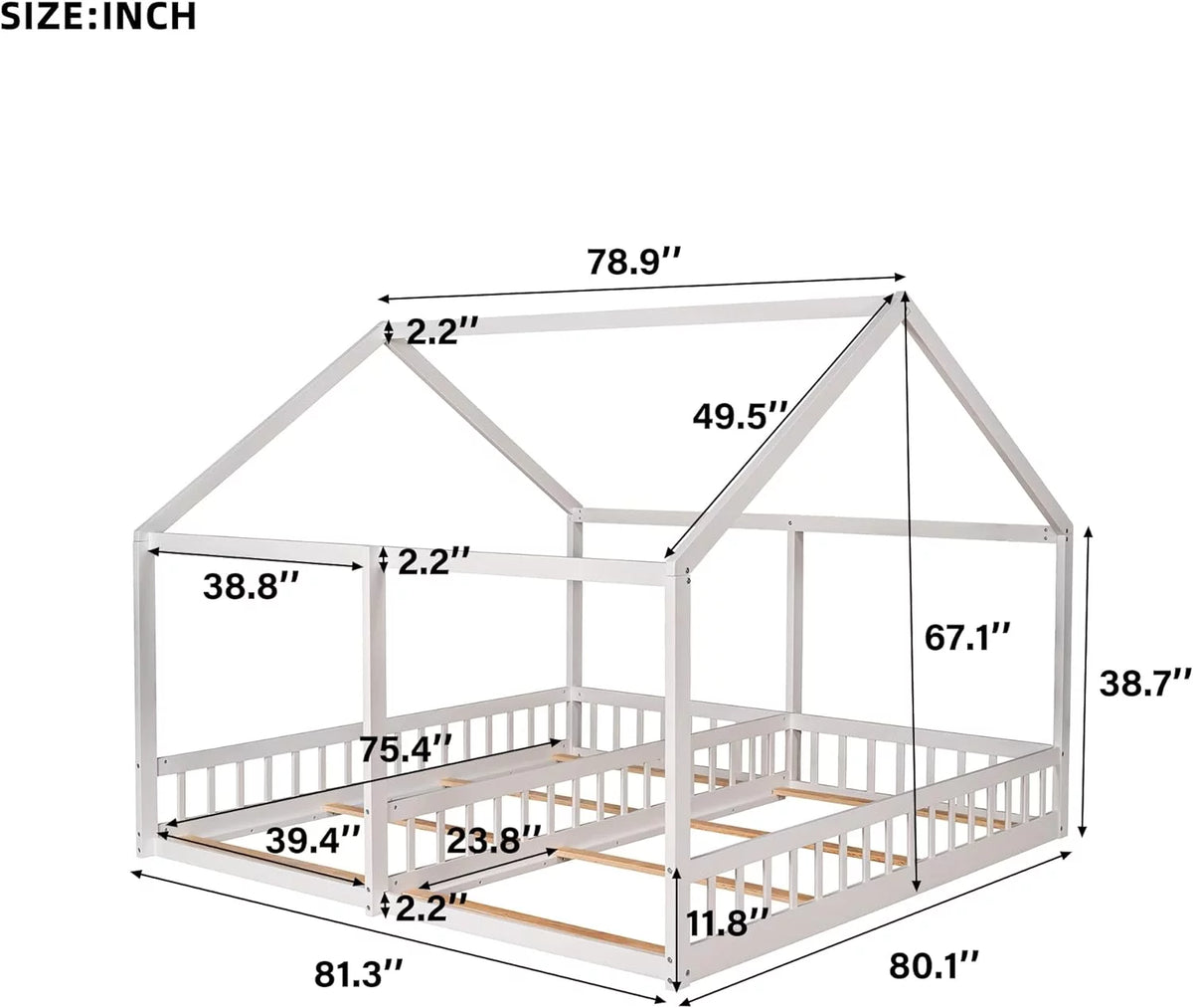 White Solid Wood Floor Bed with Rails and Roof G1304
