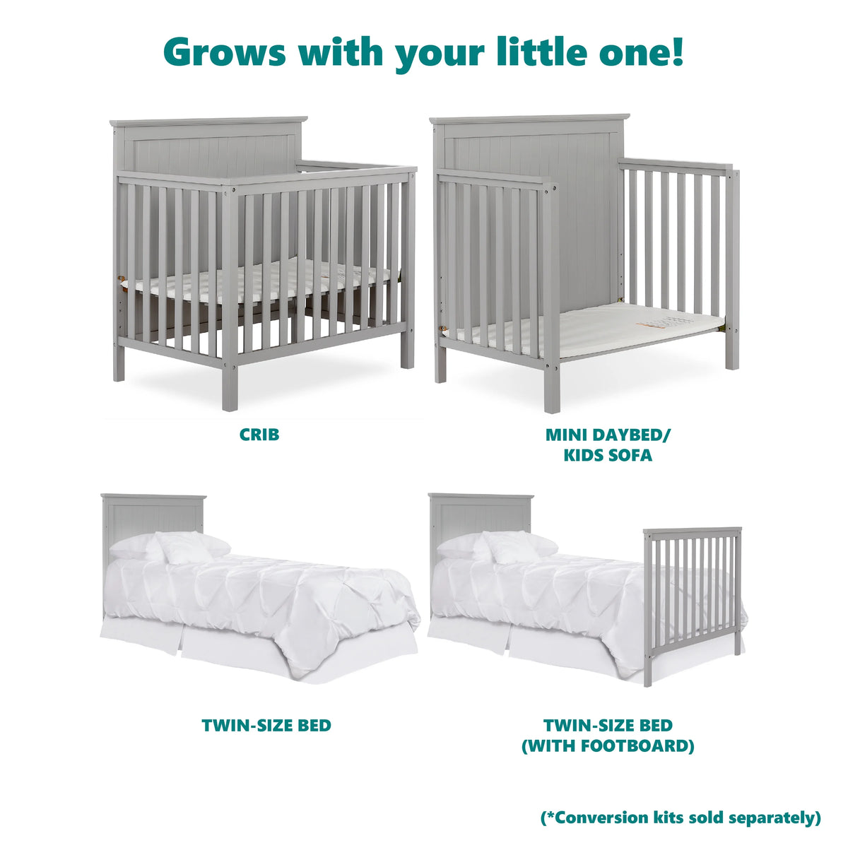 Pebble Grey 4-in-1 Convertible Mini Crib C6417