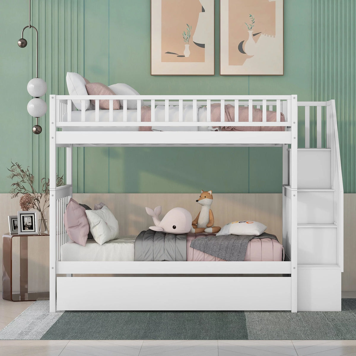 White Wood Twin over Twin Bunk Bed with Trundle and Storage Stairs J8540