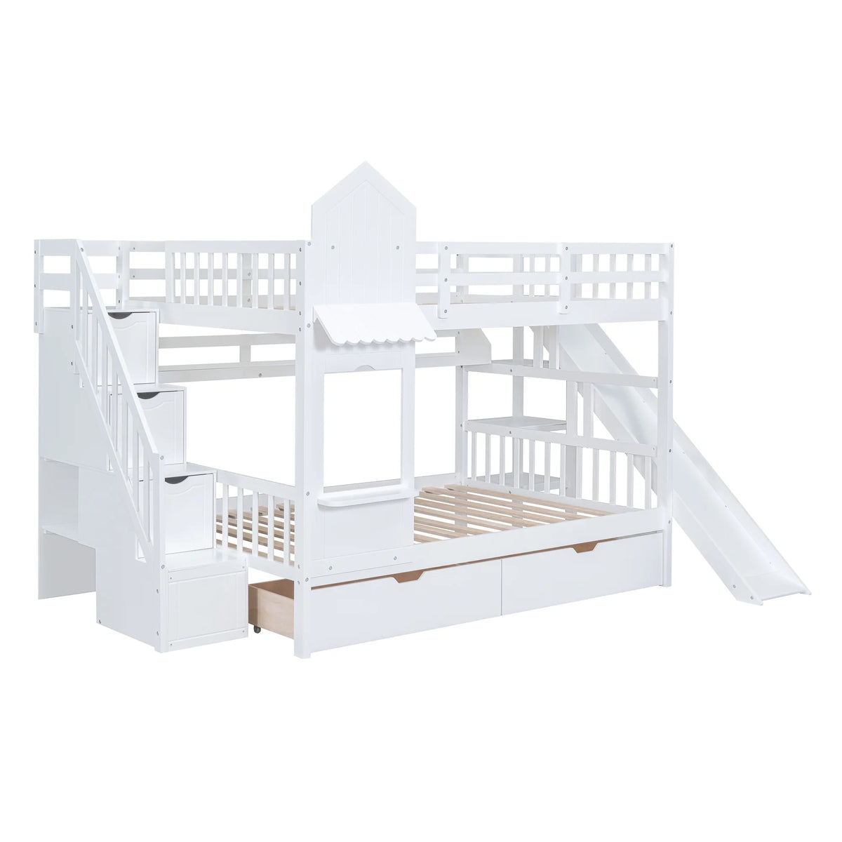 Full Over Full Castle Bunk Bed with Slide, Stairs and Storage Drawers Q676818