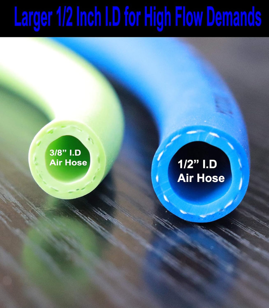 Hybrid Air Hose 1/2-Inch I.D. by 100-Feet Long Solid Brass Fittings 300 PSI Heavy Duty Lightweight Kink Resistant with 3/8" and 1/4" Industrial Quick Coupler Connectors Blue P1461