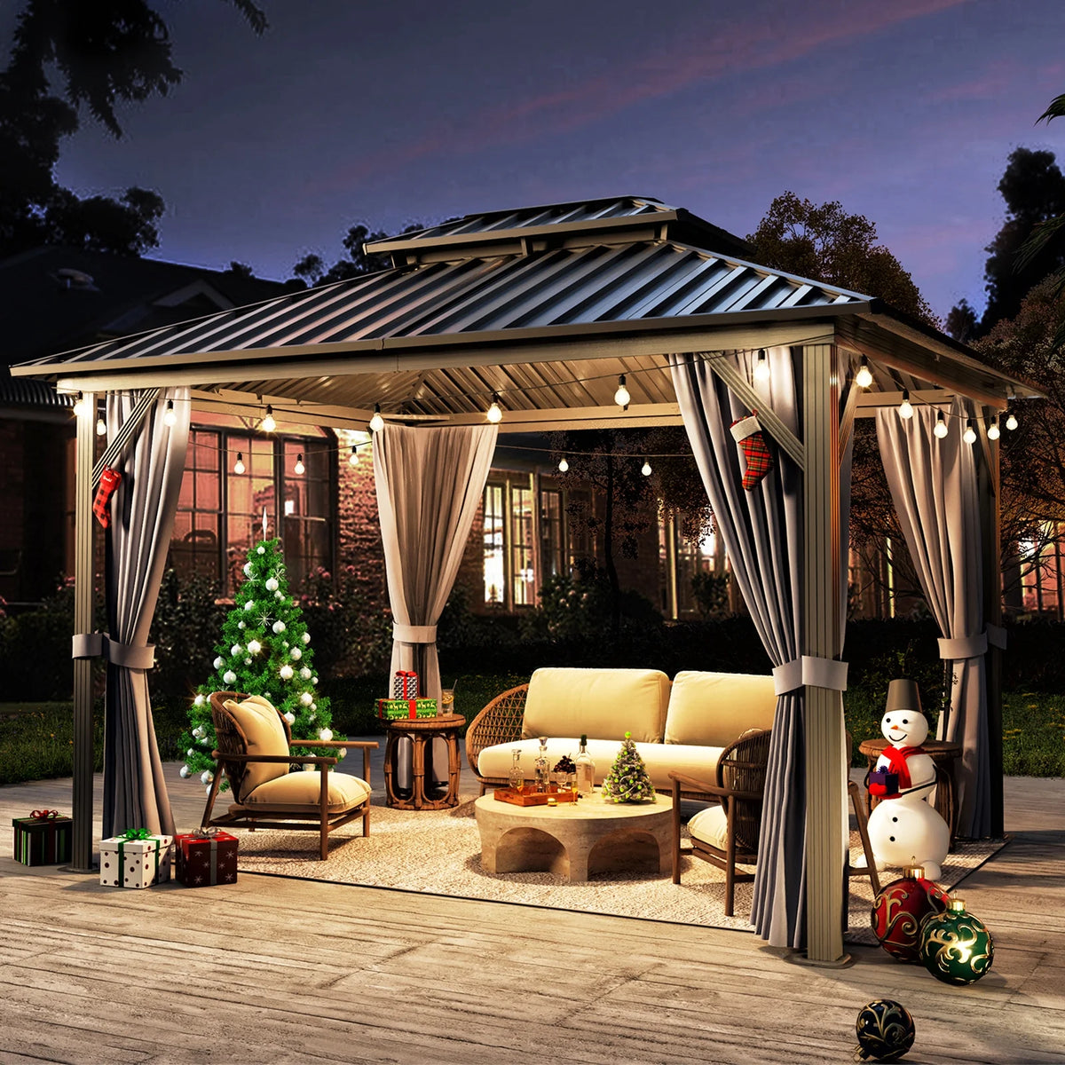10'x12' Hardtop Steel Aluminum Gazebo with Curtains and Netting Z493