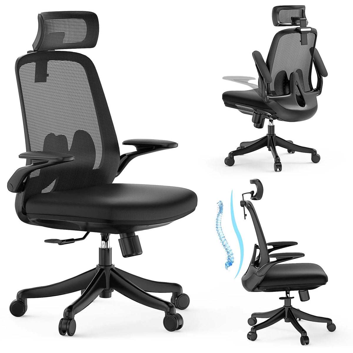 Black Ergonomic Mesh Office Chair with Flip-Up Arms and Lumbar Support T67908