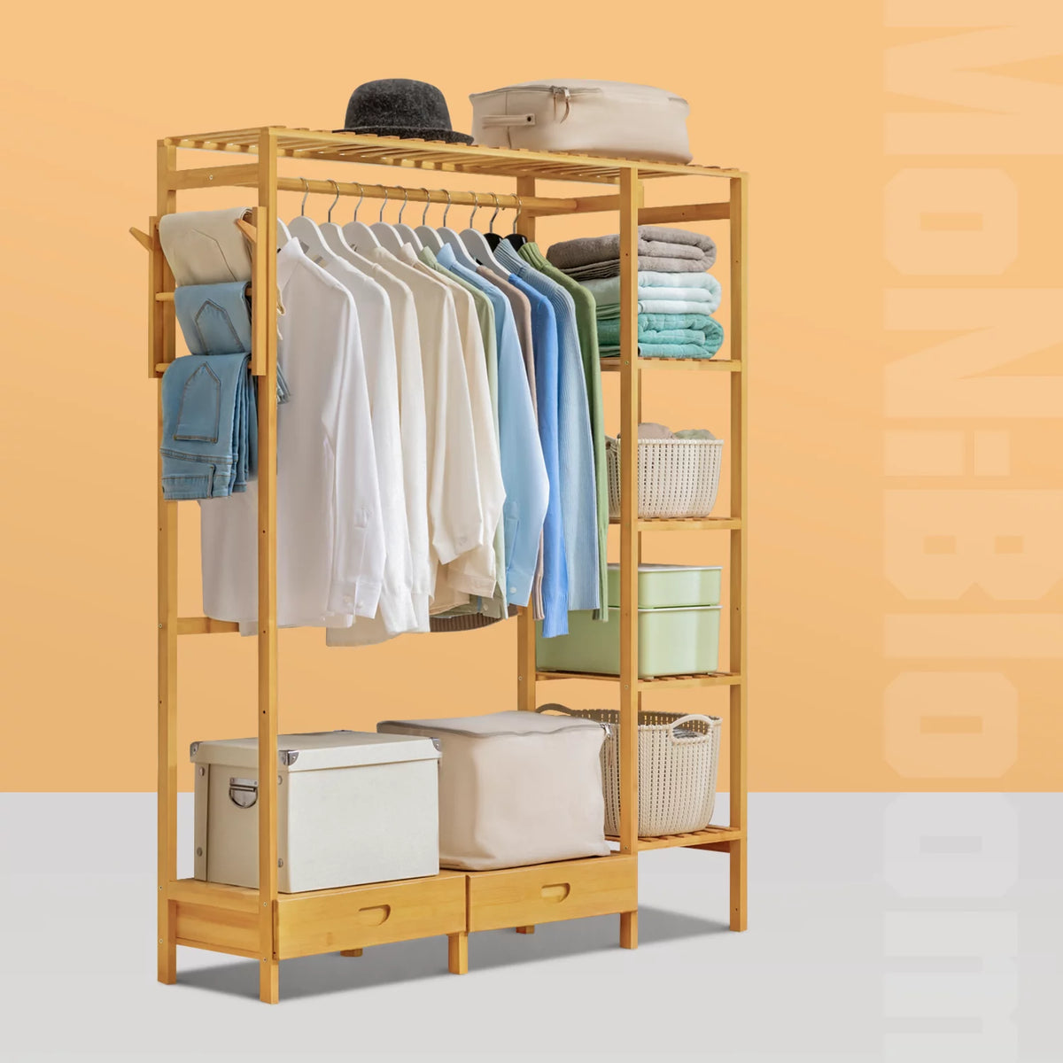 Bamboo 2 Drawers Coat Pants Rack Wardrobe B938413