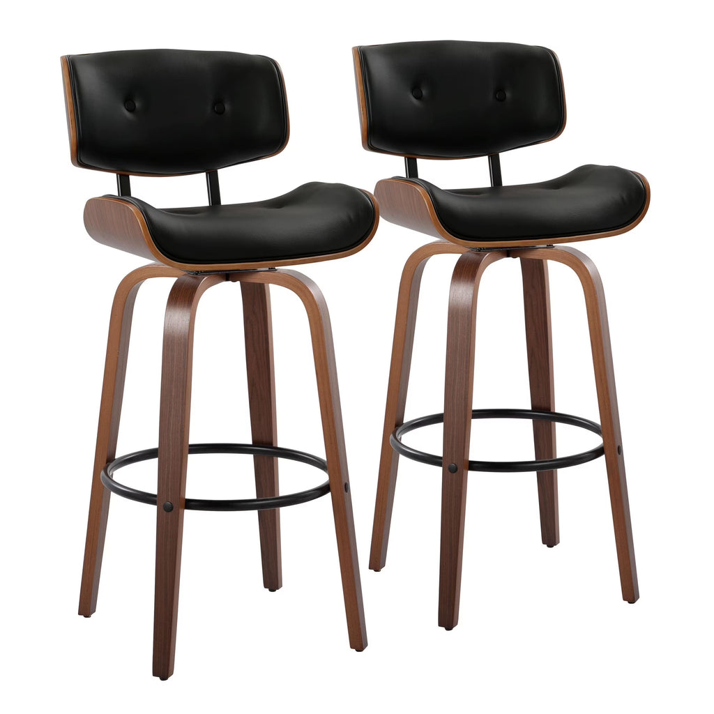 30" Mid-Century Modern Fixed-Height Barstool with Swivel in Walnut Wood and Black Faux Leather with Round Black Metal Footrest - Set of 2 L539332