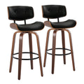 30" Mid-Century Modern Fixed-Height Barstool with Swivel in Walnut Wood and Black Faux Leather with Round Black Metal Footrest - Set of 2 L539332