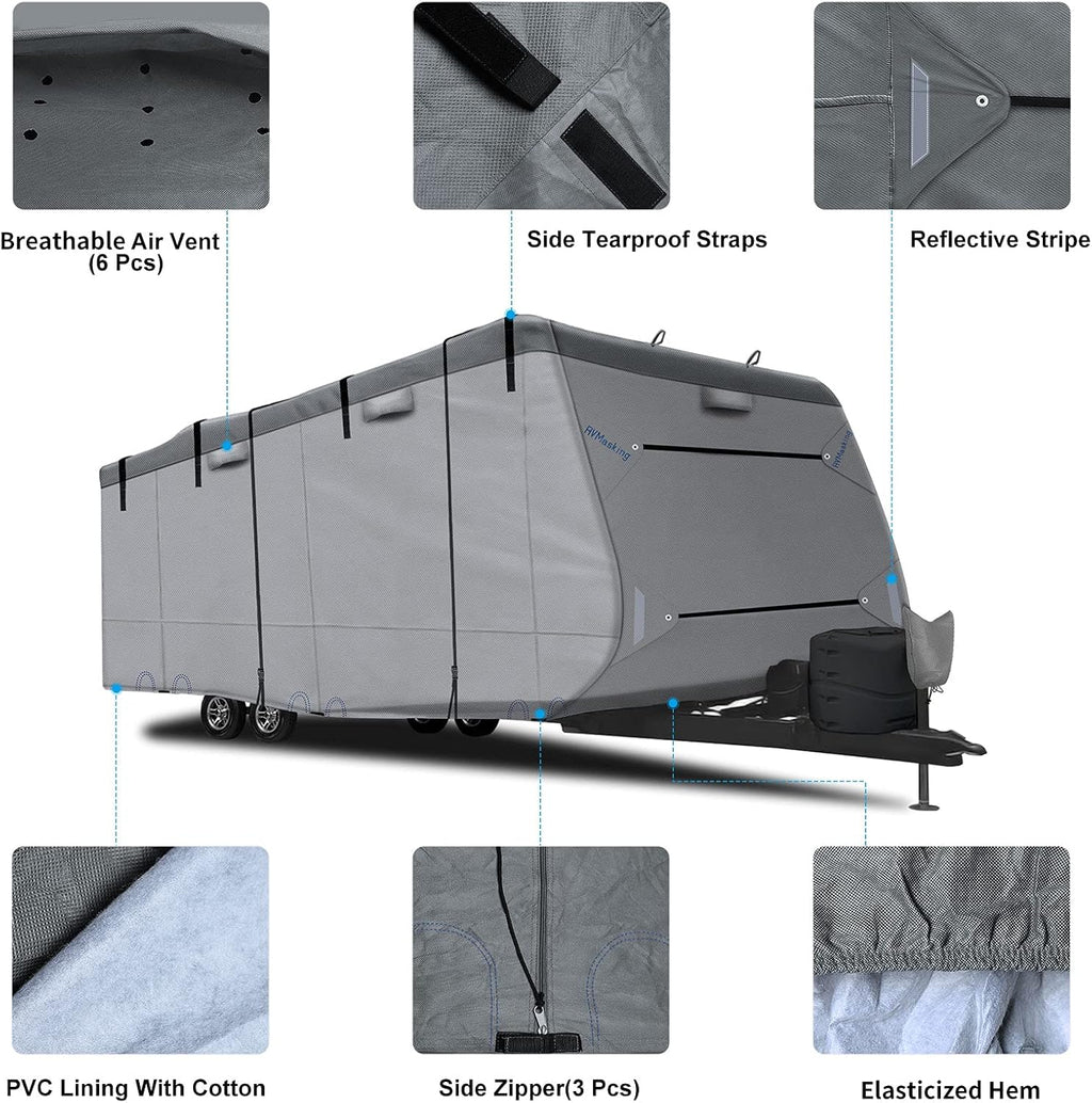 Heavy Duty RV Cover with 4 Tire Covers, Tongue Jack Cover, 2 Extra Straps, Gutter Cover D43078