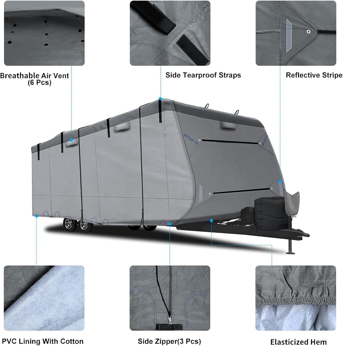 Heavy Duty RV Cover with 4 Tire Covers, Tongue Jack Cover, 2 Extra Straps, Gutter Cover D43078
