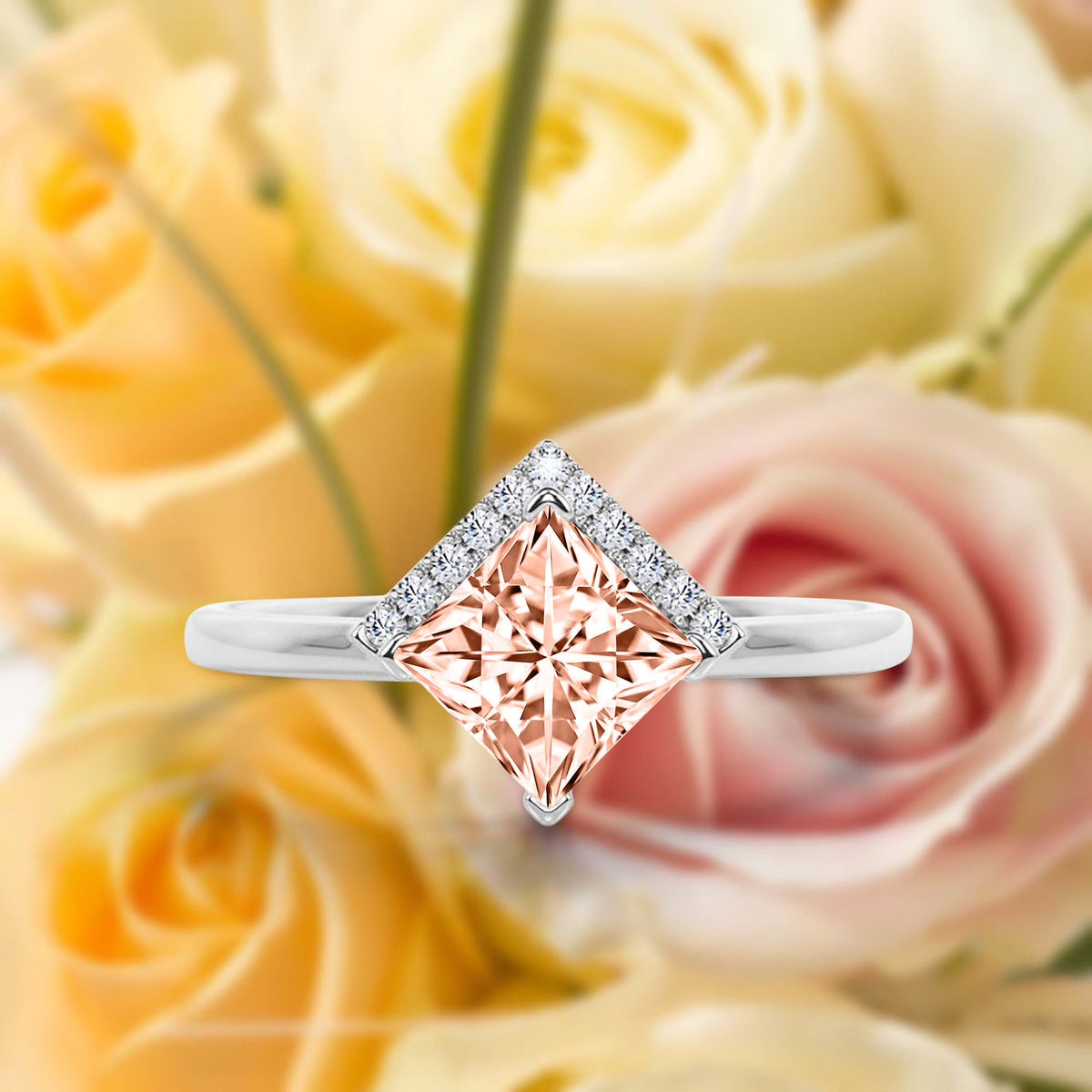 1.50 Carat Princess Cut Morganite And Diamond Moissanite Engagement Ring in 10k Solid White Gold X36477