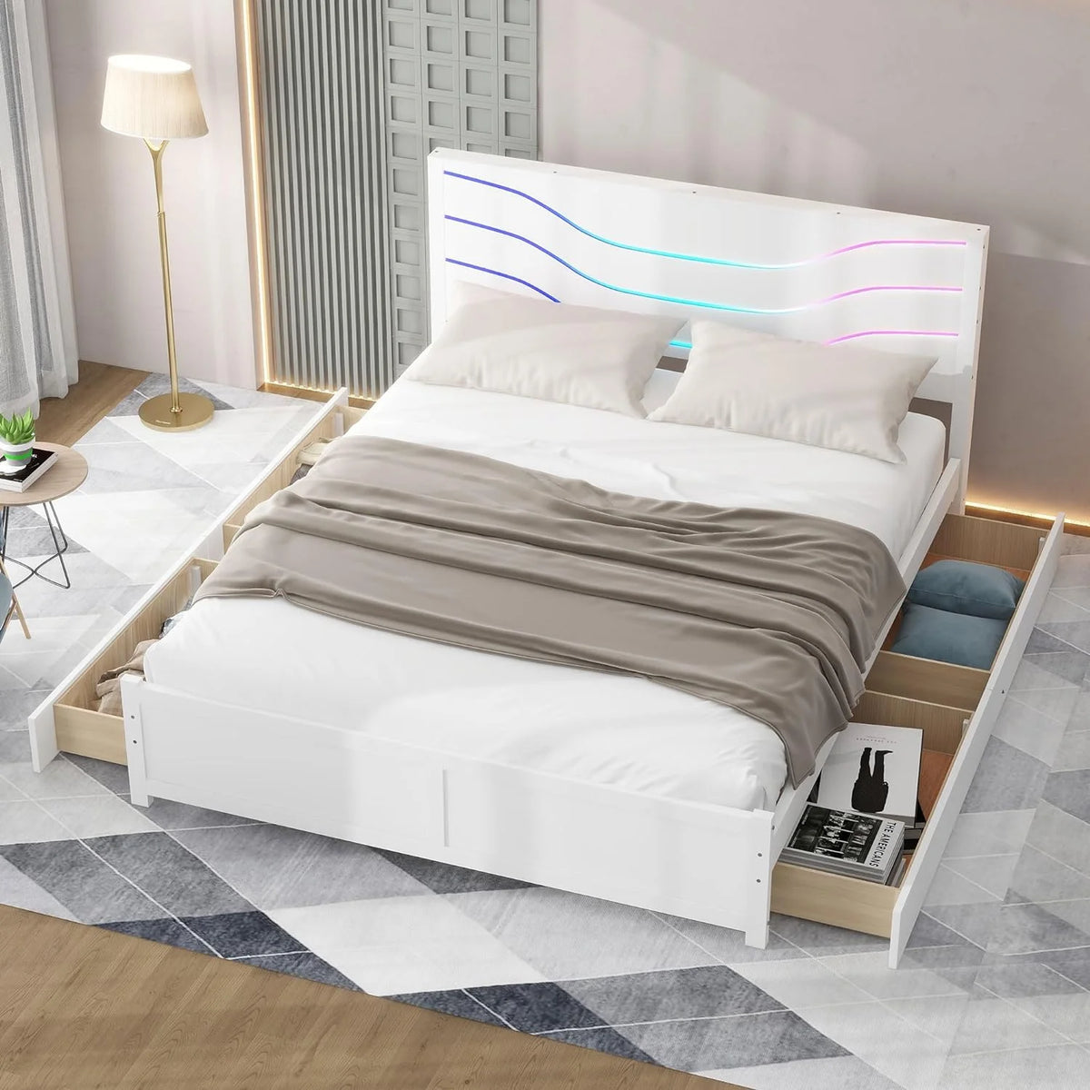 Queen Size White Wood Platform Bed Frame with Headboard and 4 Storage Drawers F8646