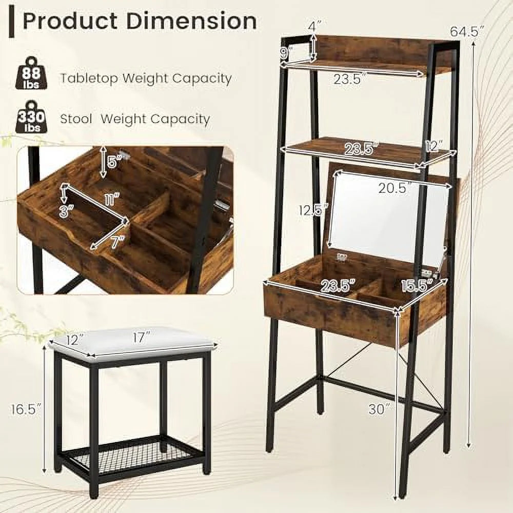 Vanity Table Set with Flip Top Mirror and Cushioned Stool Q2181
