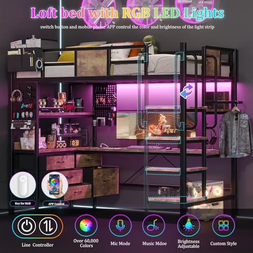 Twin Size Loft Bed with Desk and 5 Storage Drawer Cabinets N789344
