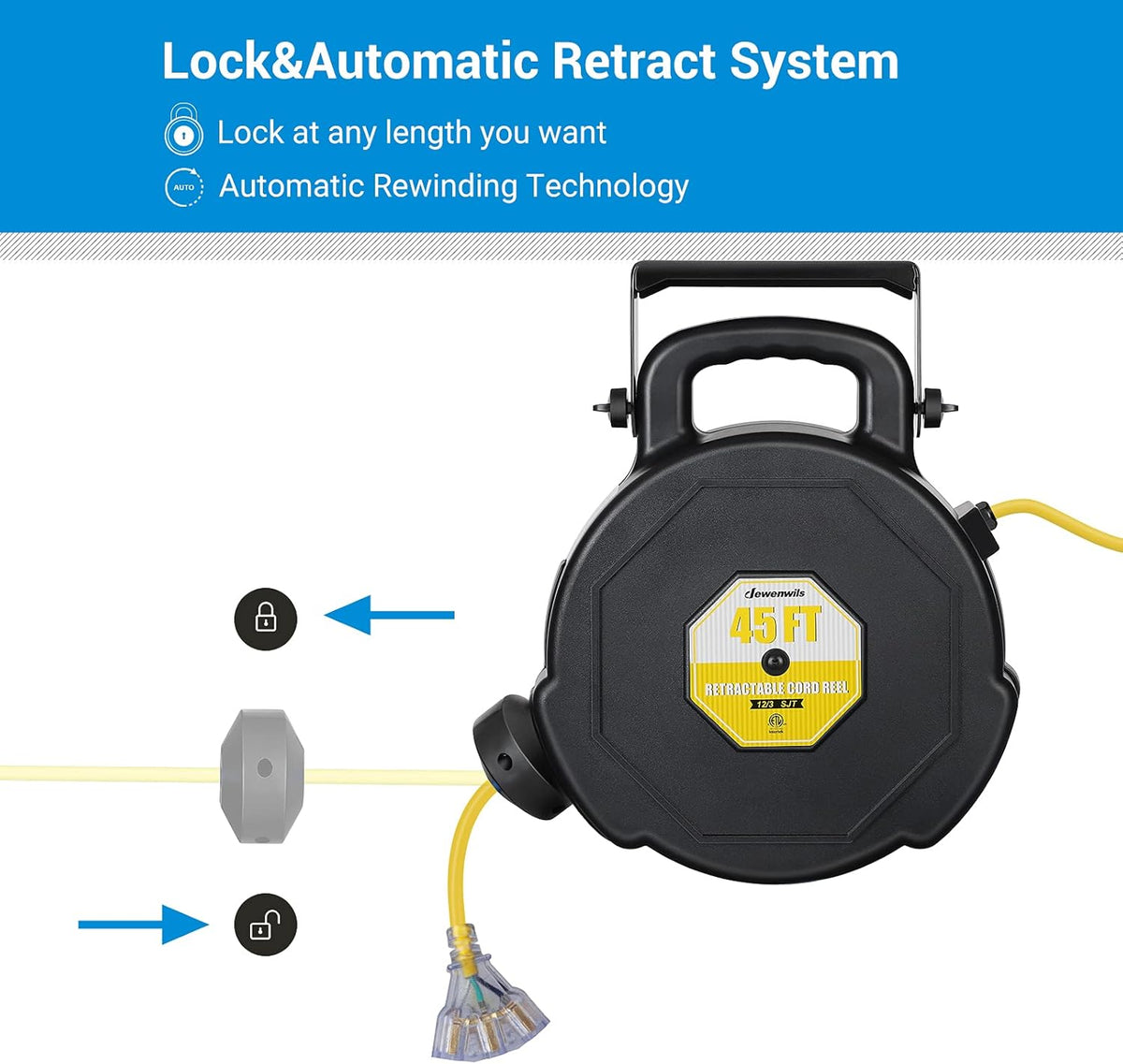 Retractable Extension Cord Reel, 45FT Heavy Duty Power Cord, Lighted Triple Tap, Wall/Ceiling Mountable S9584