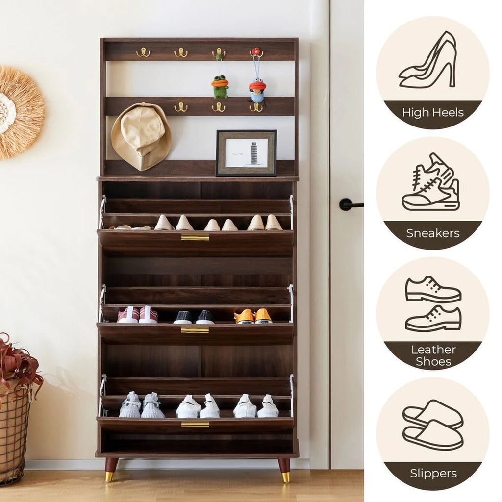 Brown Entryway Wardrobe Armoire Closet with 12 Hooks & 3 Shoe Cabinets N641