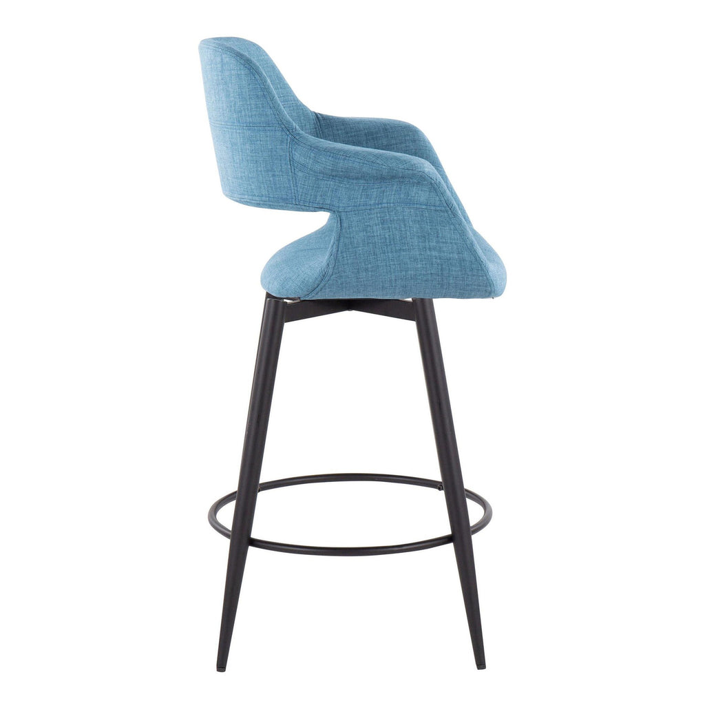 26" Mid-Century Modern Counter Stool with Swivel in Matte Black Metal and Blue Fabric with Round Metal Footrest - Set of 2 V919