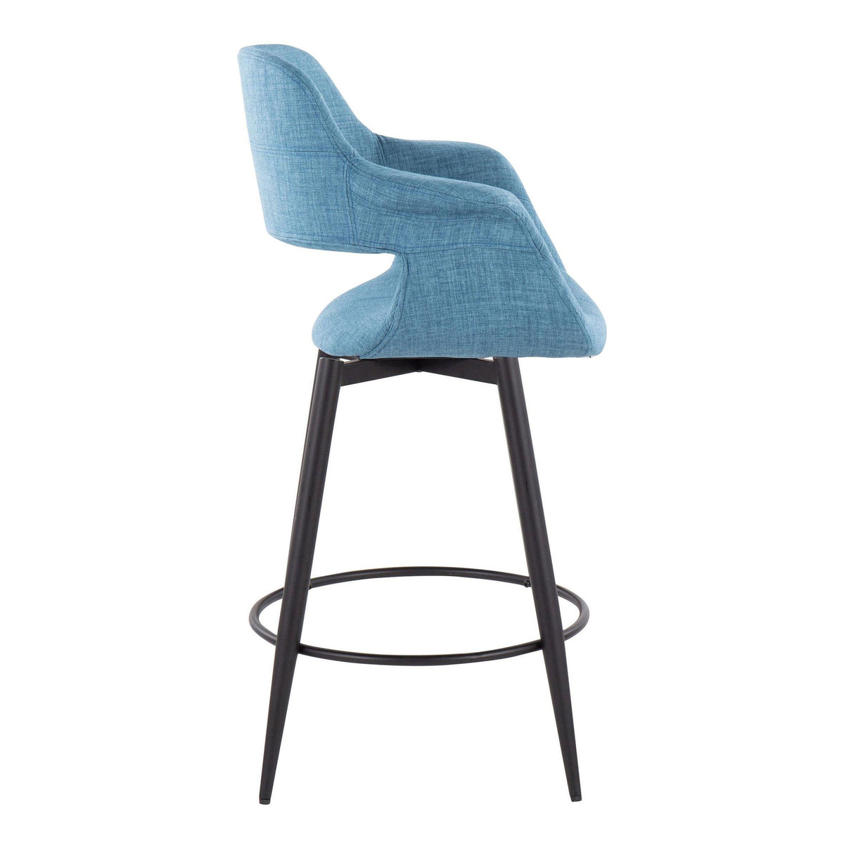 26" Mid-Century Modern Counter Stool with Swivel in Matte Black Metal and Blue Fabric with Round Metal Footrest - Set of 2 V919