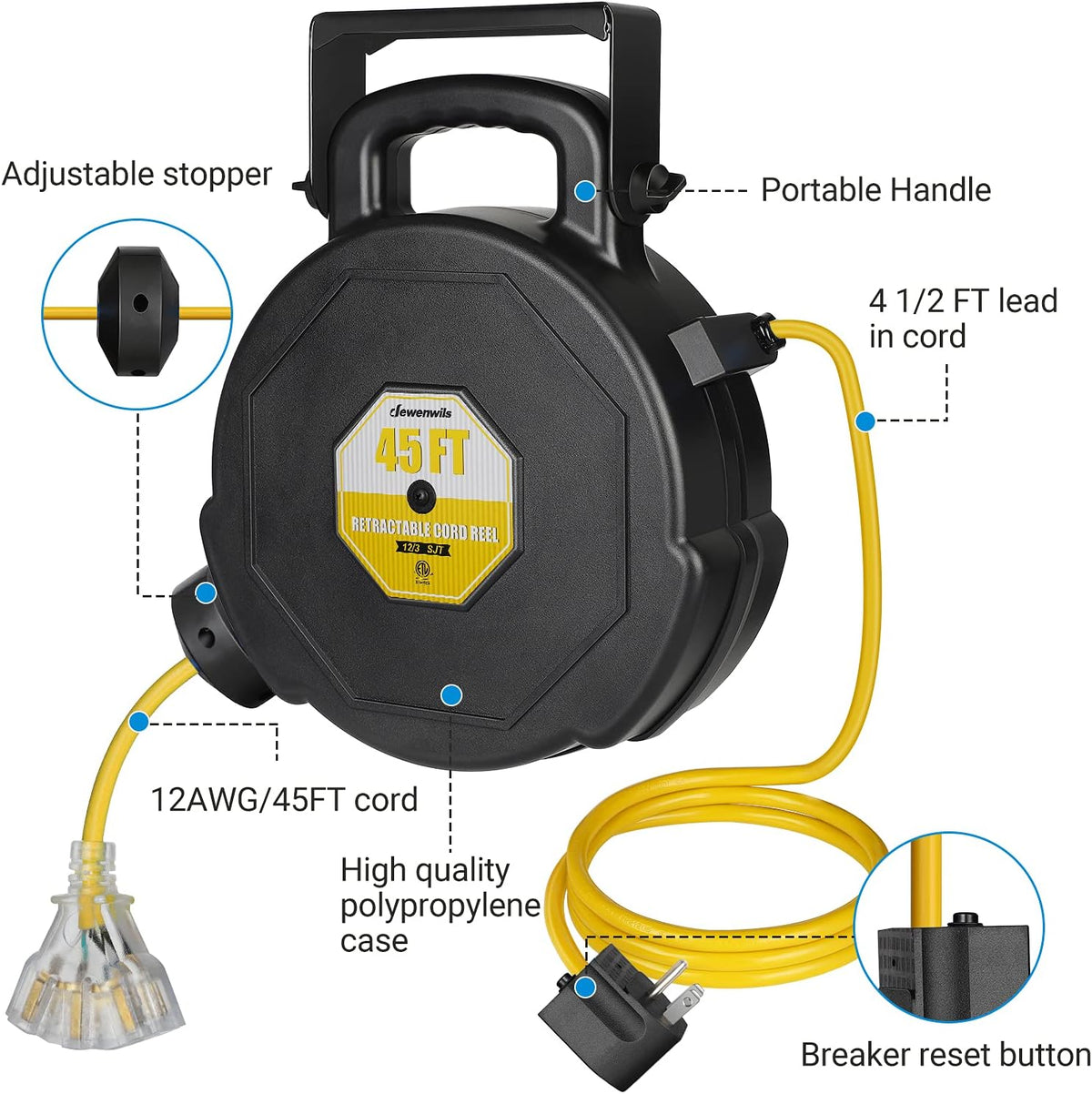 Retractable Extension Cord Reel, 45FT Heavy Duty Power Cord, Lighted Triple Tap, Wall/Ceiling Mountable S9584