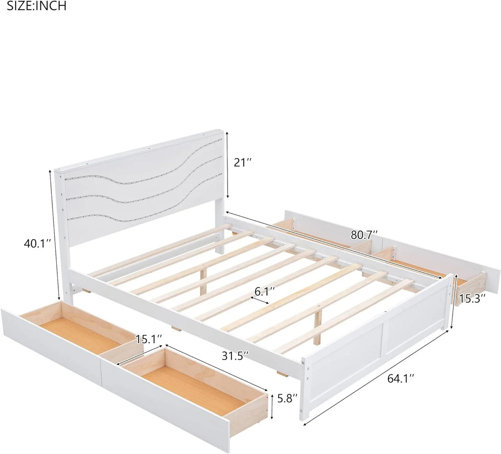 Queen Size White Wood Platform Bed Frame with Headboard and 4 Storage Drawers F8646