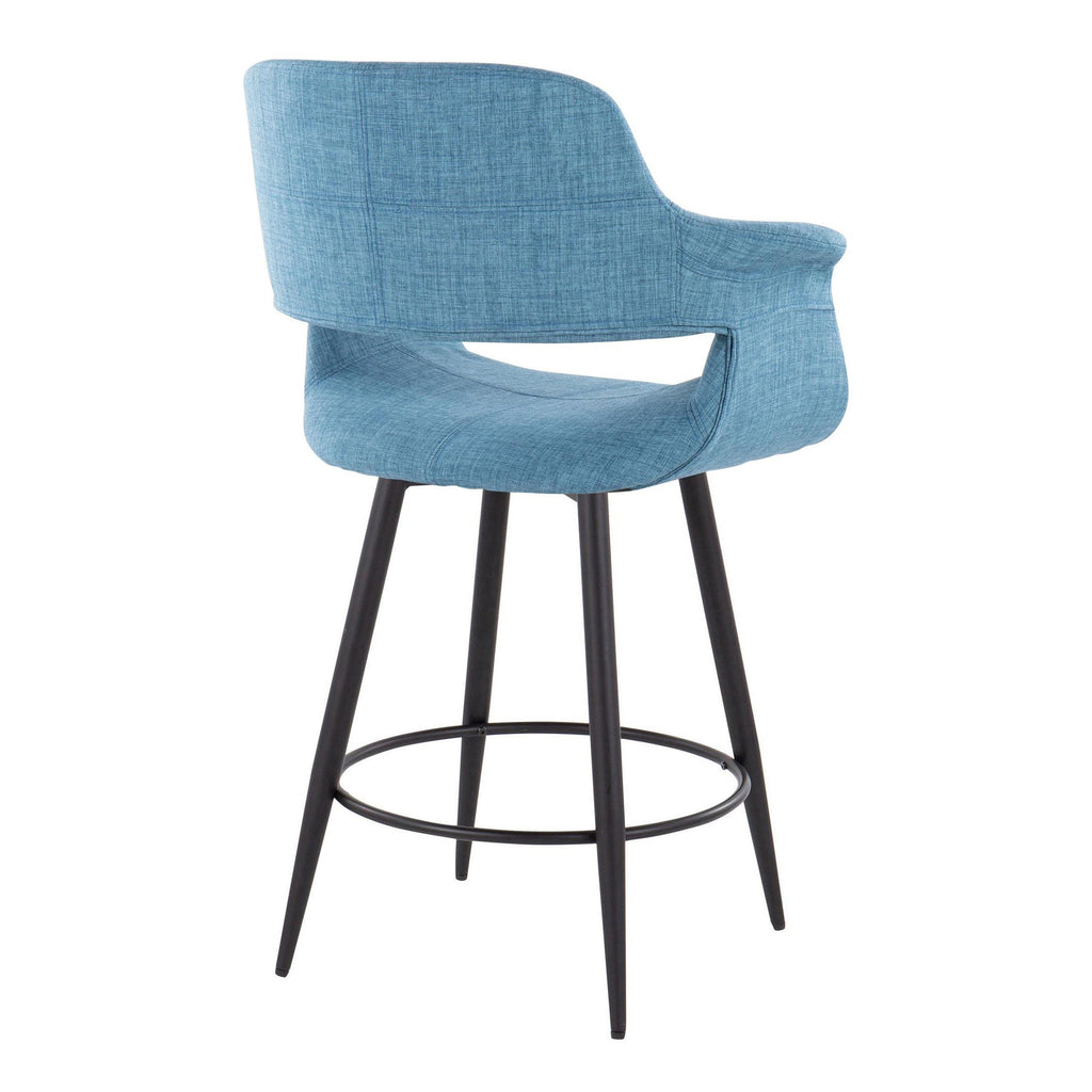 26" Mid-Century Modern Counter Stool with Swivel in Matte Black Metal and Blue Fabric with Round Metal Footrest - Set of 2 V919