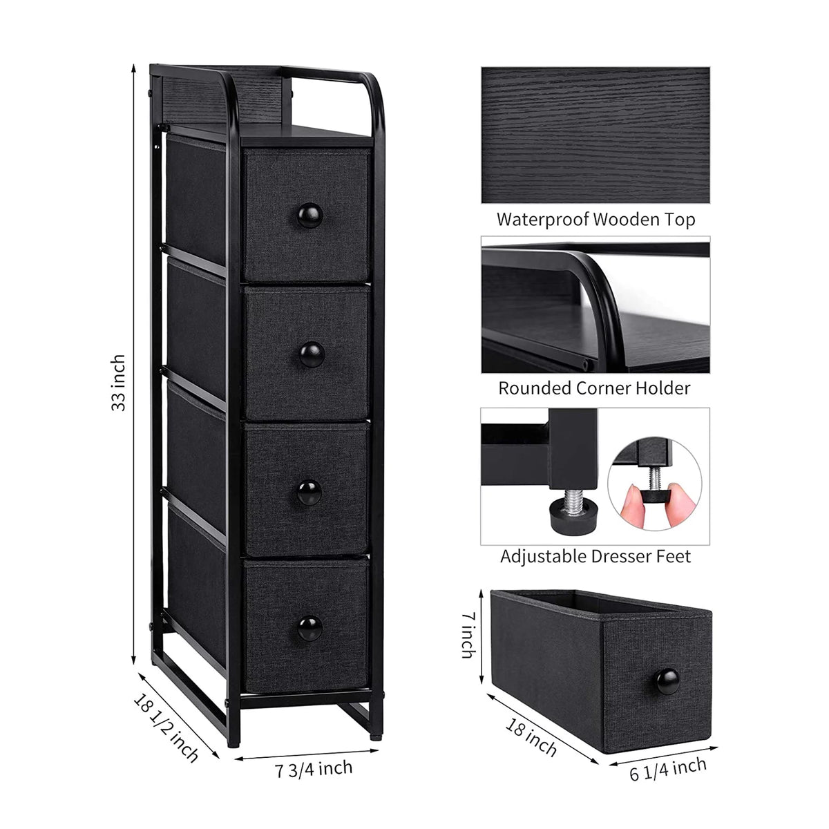 Black Grey 4 Drawer Narrow Dresser V713146
