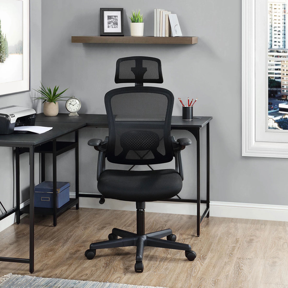 Black Fabric Ergonomic Office Chair with Adjustable Headrest R65079