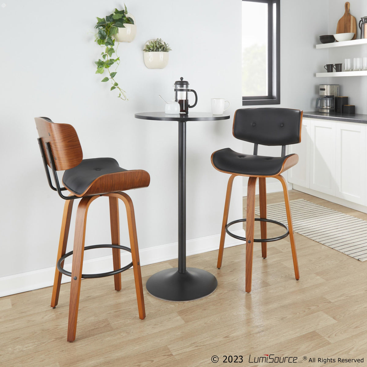 30" Mid-Century Modern Fixed-Height Barstool with Swivel in Walnut Wood and Black Faux Leather with Round Black Metal Footrest - Set of 2 L539332