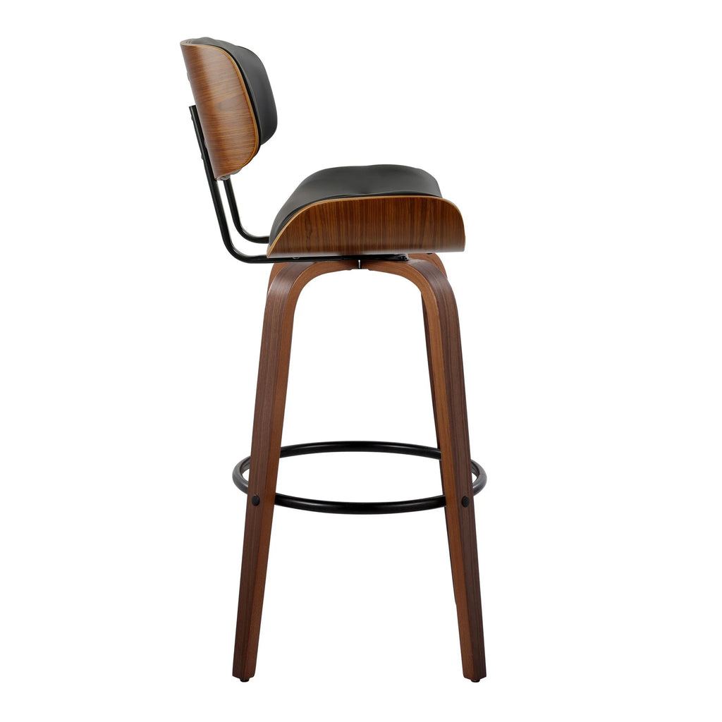 30" Mid-Century Modern Fixed-Height Barstool with Swivel in Walnut Wood and Black Faux Leather with Round Black Metal Footrest - Set of 2 L539332
