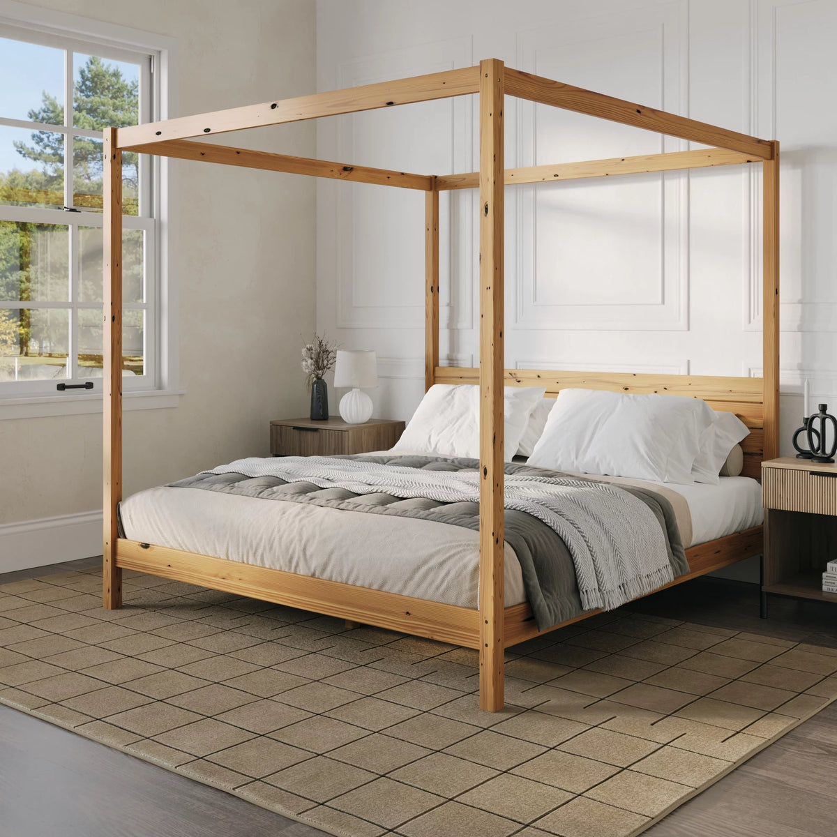 Black Solid Wood King-Size Canopy Bedframe Y68728