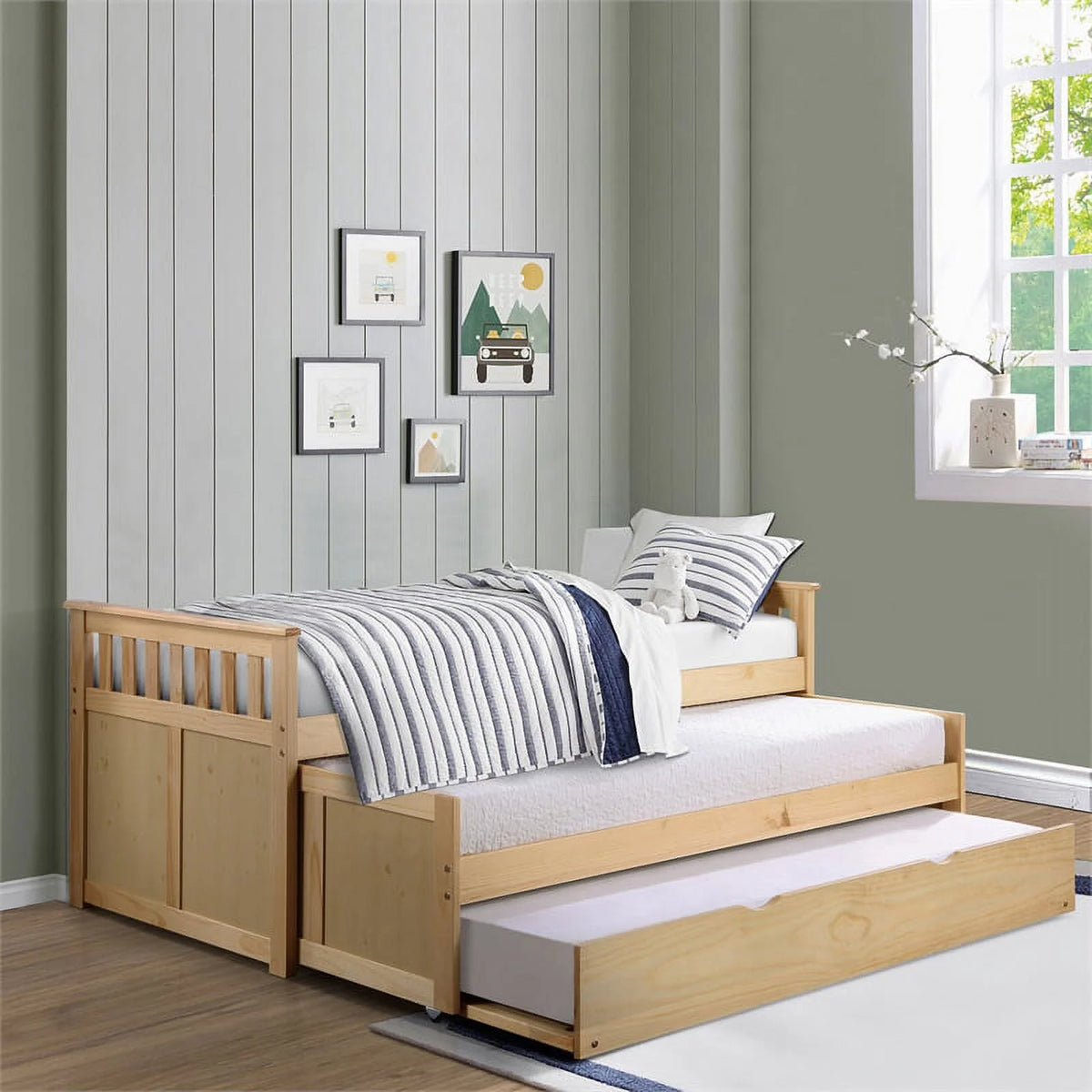 Wood Twin Bed with Twin Trundle H9874