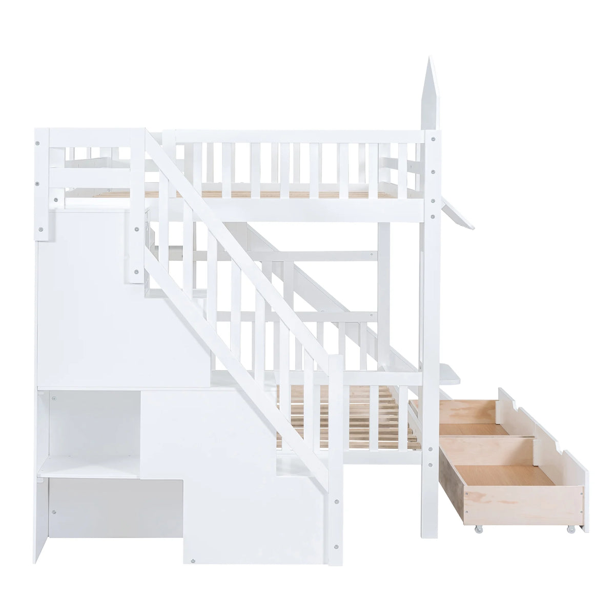 Full Over Full Castle Bunk Bed with Slide, Stairs and Storage Drawers Q676818