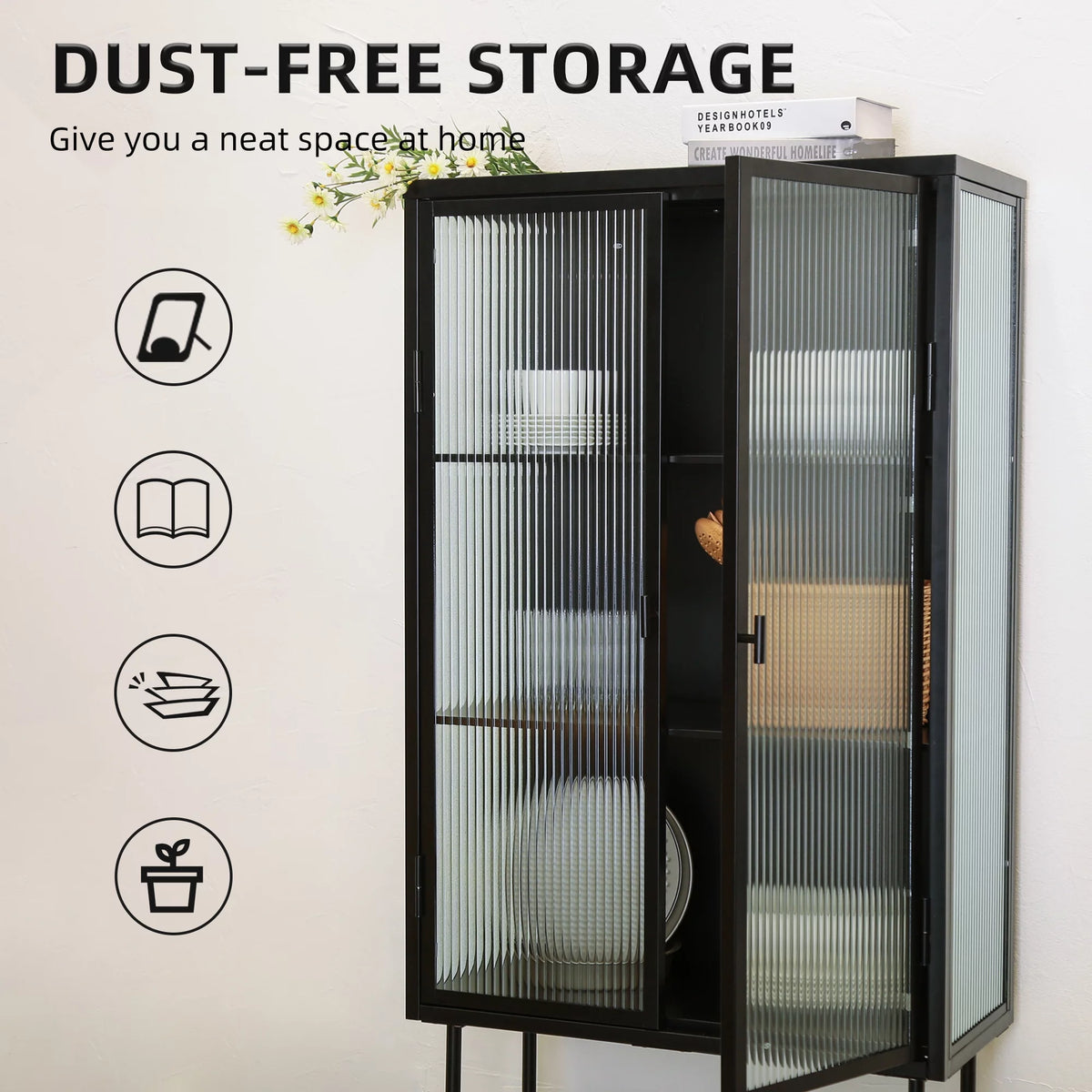 Black Fluted Glass High Cabinet with Dual Doors Q273459