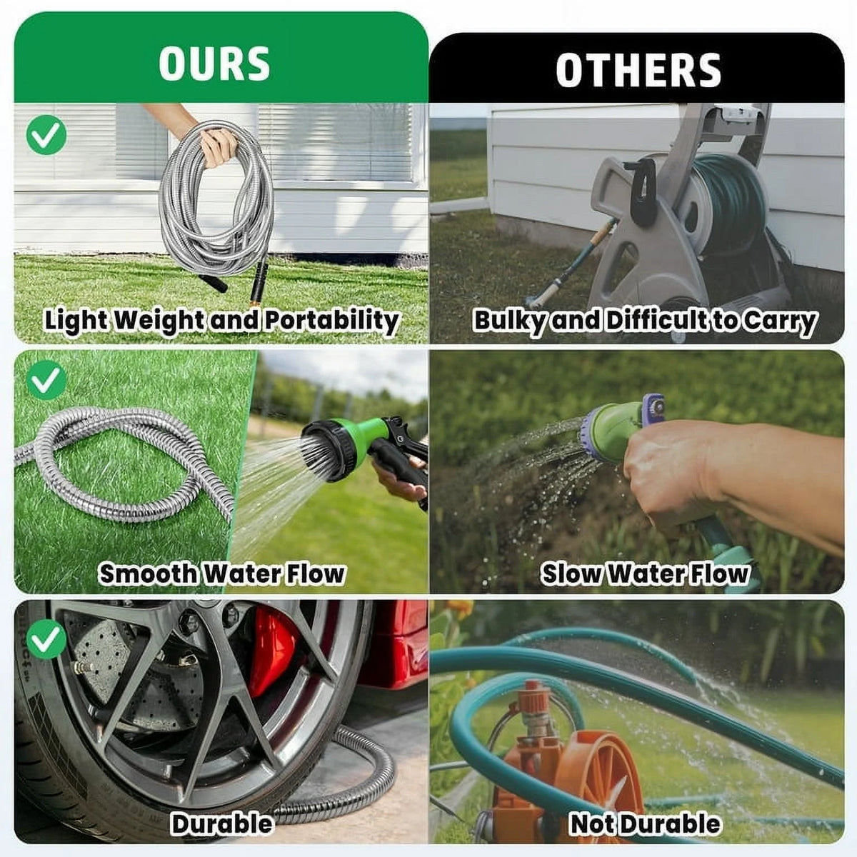 50FT Stainless Steel Metal Garden Hose with 10 Function Nozzle U324