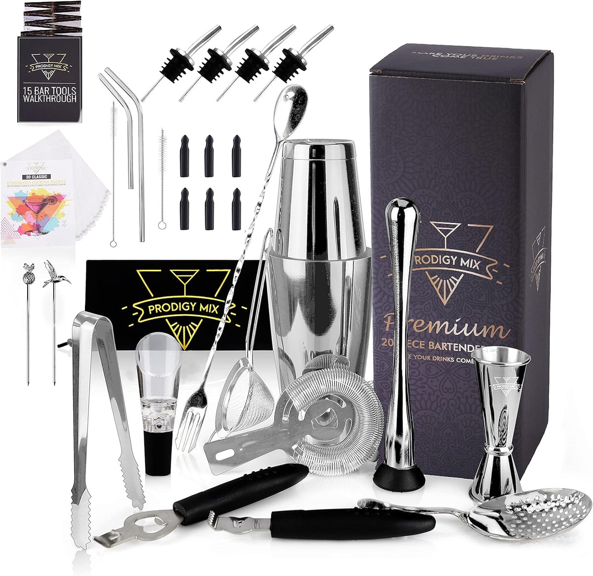20-Piece Stainless Steel Cocktail Shaker Set with Velvet Bag I90540