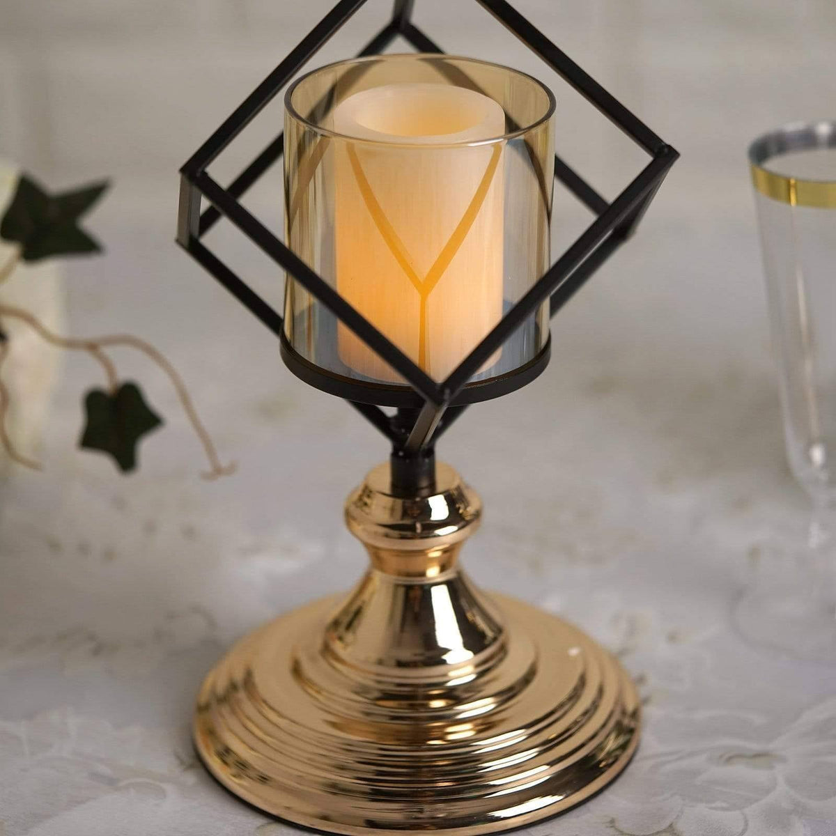 Gold Black Geometric Glass Votive Candle Holders V51345