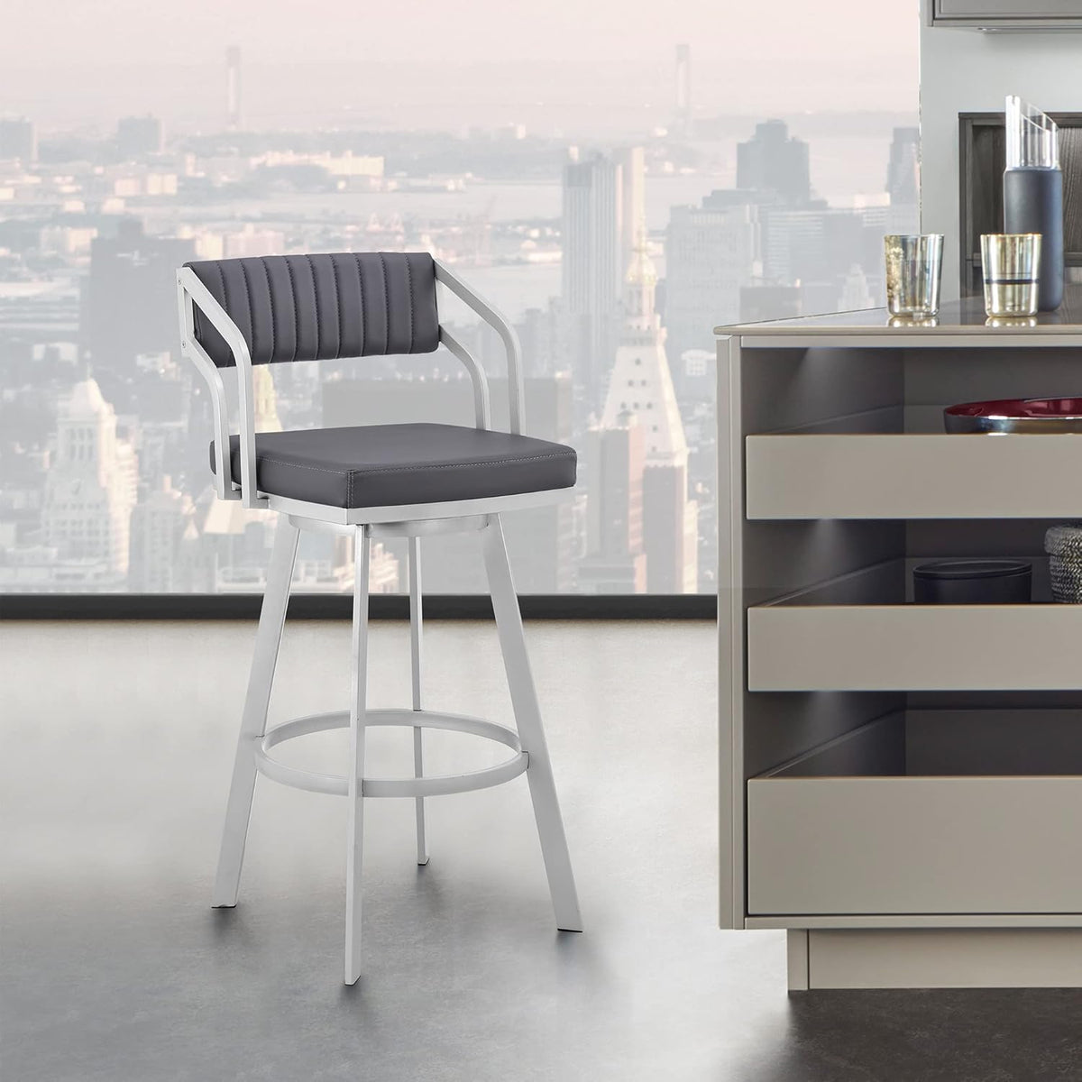26 Counter Height Swivel Barstool with Black Finish and Slate Grey Faux Leather Y33206