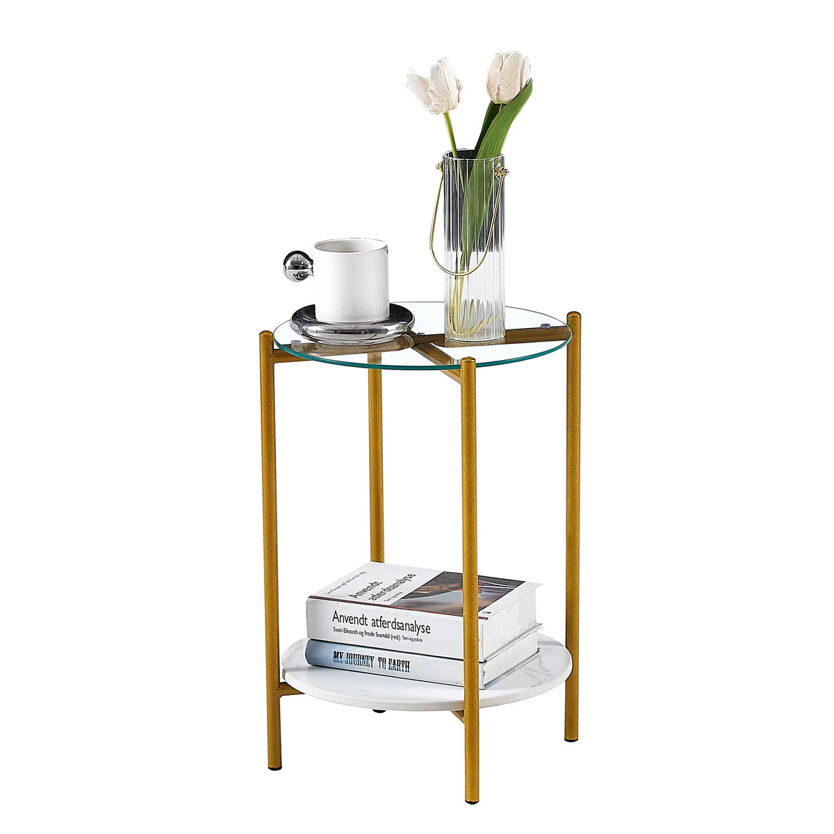 2 Layer Glass Top End Table with Metal Leg Y747935