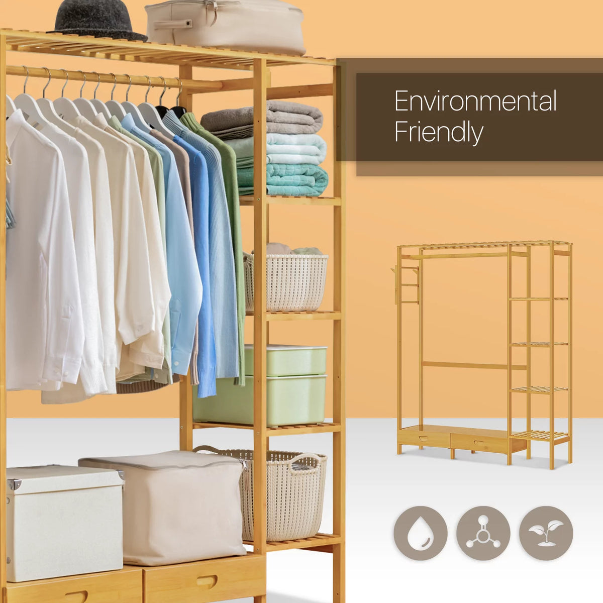 Bamboo 2 Drawers Coat Pants Rack Wardrobe B938413