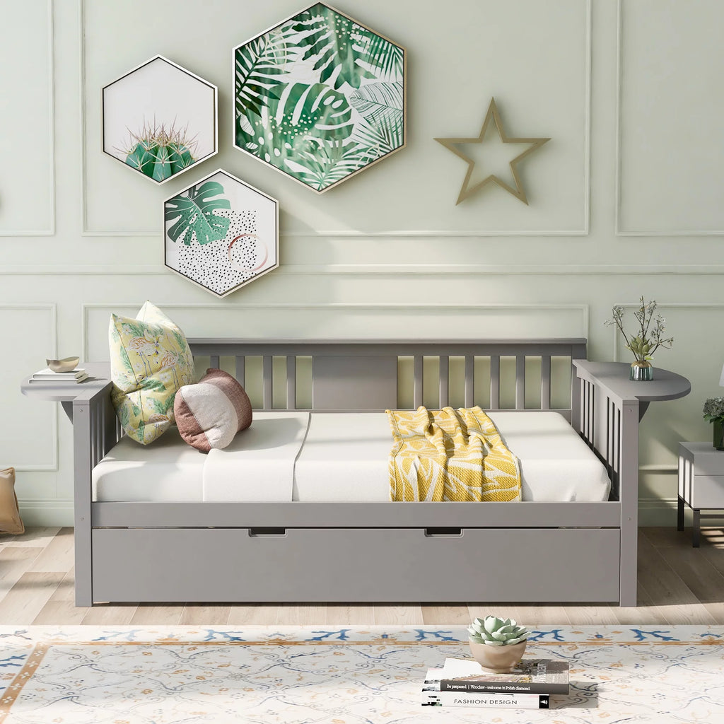 Grey Full Size Wood Bed Frame with Casters W24379